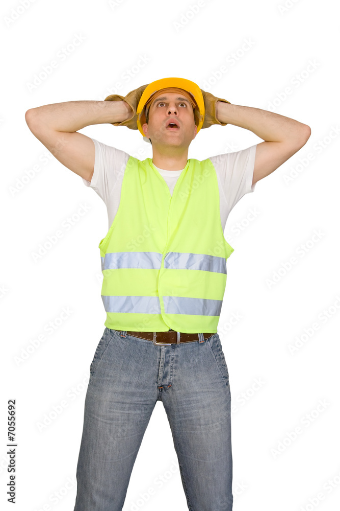 Scared construction worker isolated on white background