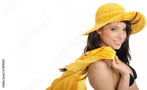 beautiful sexy girl in yellow hat and bikini. summer time