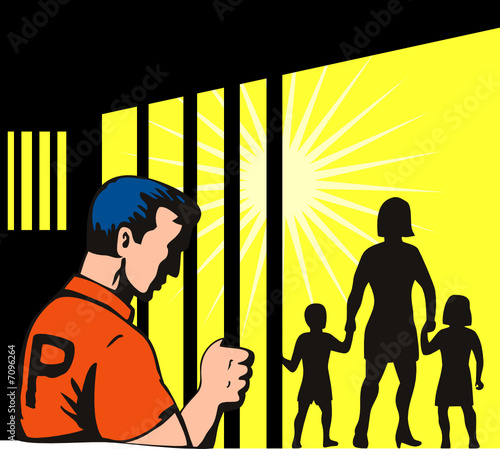 Prisoner behind bars with family outside