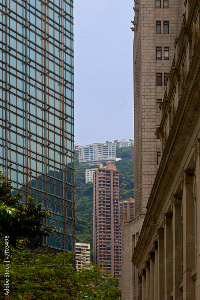 Hong Kong hill behind tall buildings