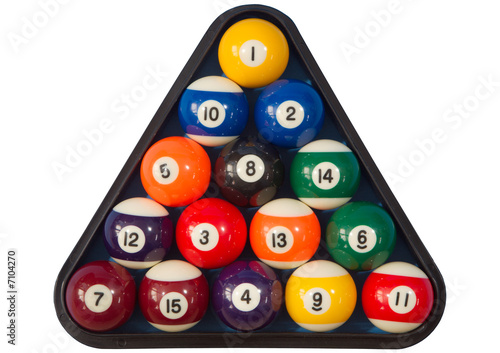 Spots and stripes pool balls triangle isolated on white.