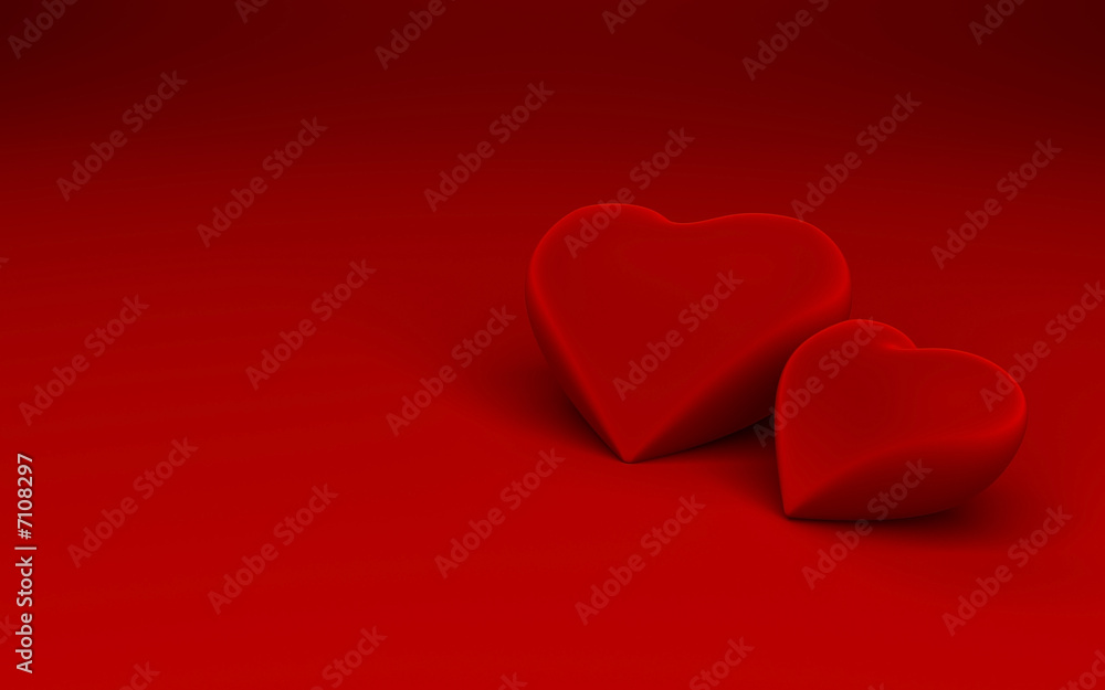 Closeup of a couple of red 3d heart shapes on red background Closeup of a couple of red 3d heart shapes on red background