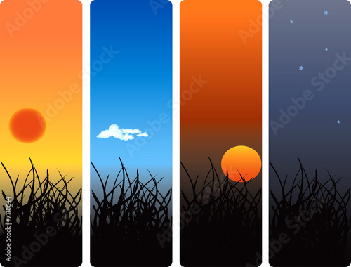 sunrise, noon, sunset and midnight