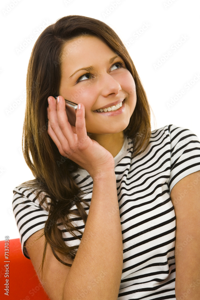Happy woman talking by cellphone Happy woman talking by cellphone