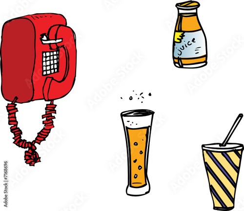red wall telephone, juice, beer, soda