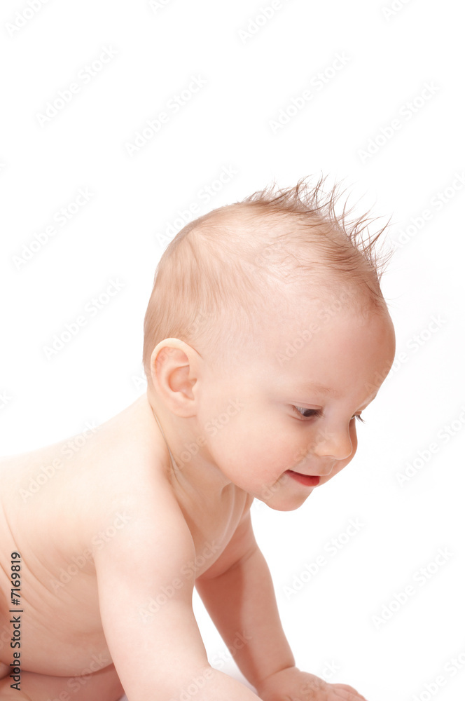 smiling baby with spiky hair in profile Stock Photo | Adobe Stock