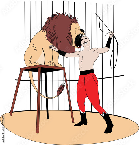 circus show with lion and man