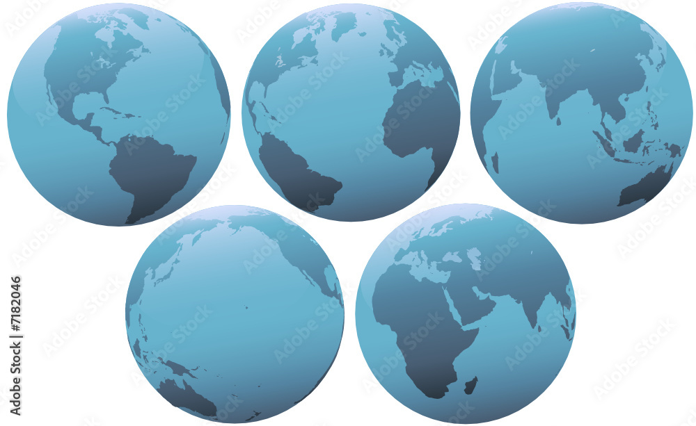 Five Planet Earth Globes in Soft Blue