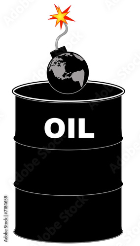 barrel of oil with explosive earth bomb on top