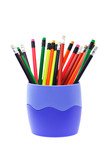 Colorful writing pencils in container