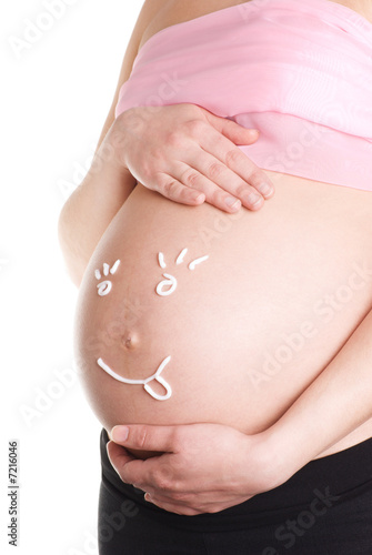 funny belly of a pregnant woman on white background