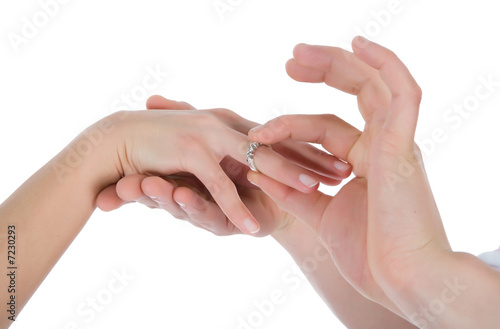 Man s and female hands with a wedding ring