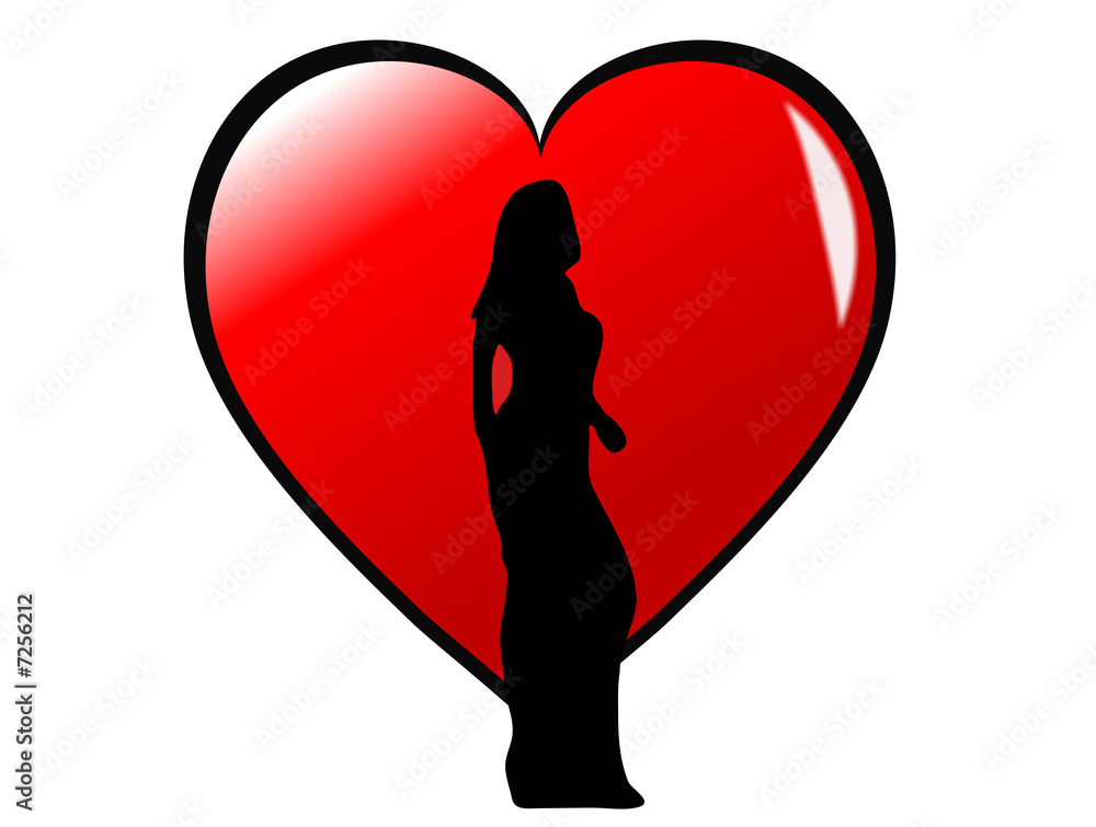 Valentines Girl Silhouette on Red Heart