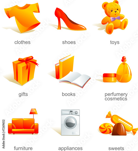 Icon set - shopping related items. Aqua