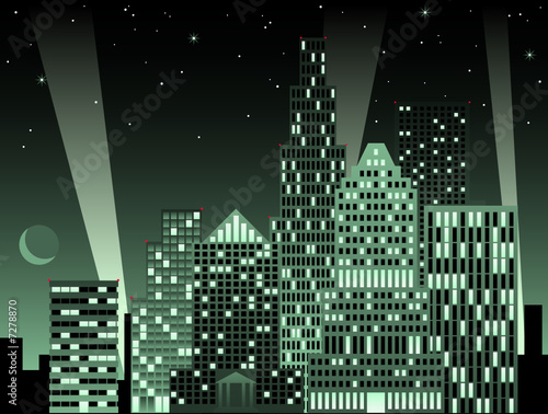 Illustration of city at night (day version also available)