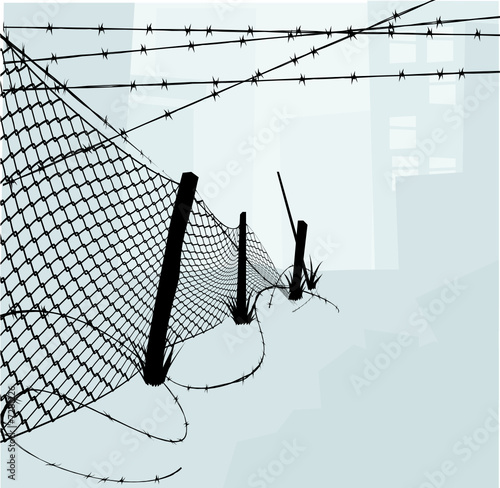 Chain Link Fence and Barbed Wire Vector Illustration