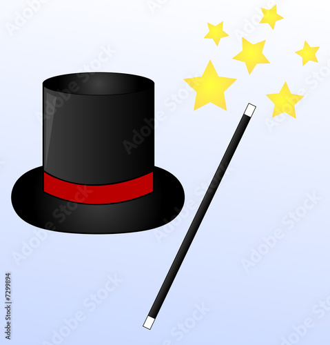 black magic hat and wand on blue background with stars 