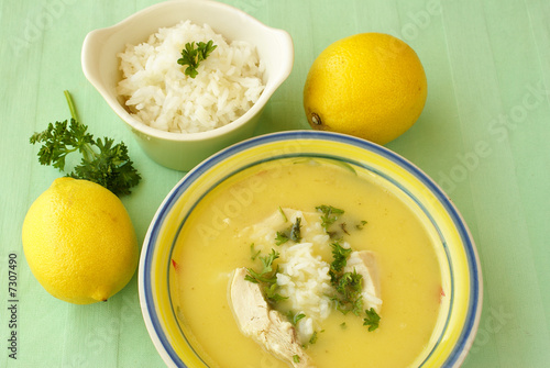 Avgolemono (chicken-rice-lemon) soup photo