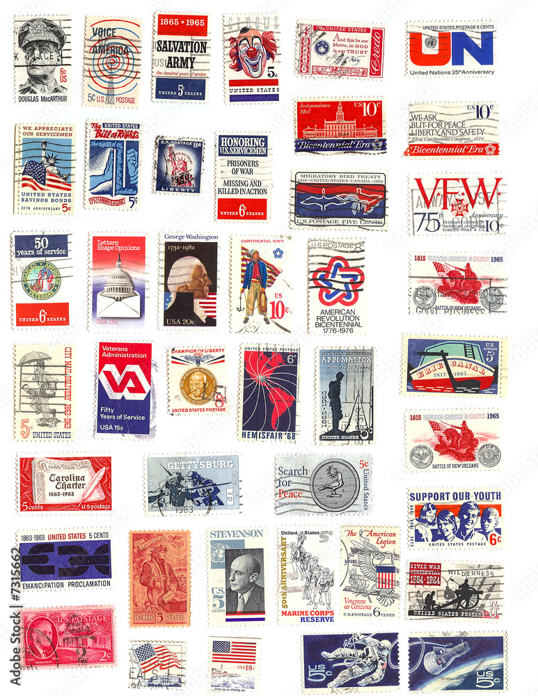 collection of red white and blue vintage american stamps