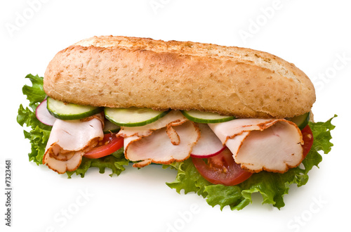 Fresh multi-grain turkey sub on white background