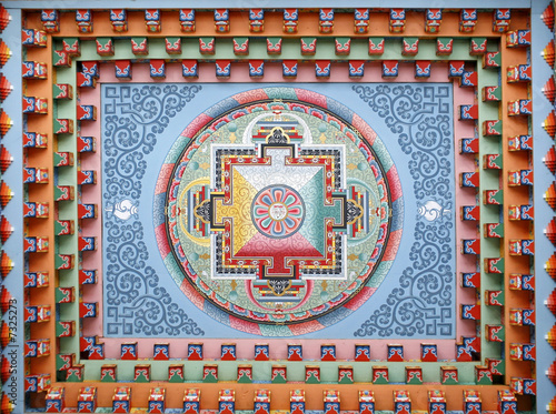 Tibetan mandala painting on monestery ceiling, Nepal