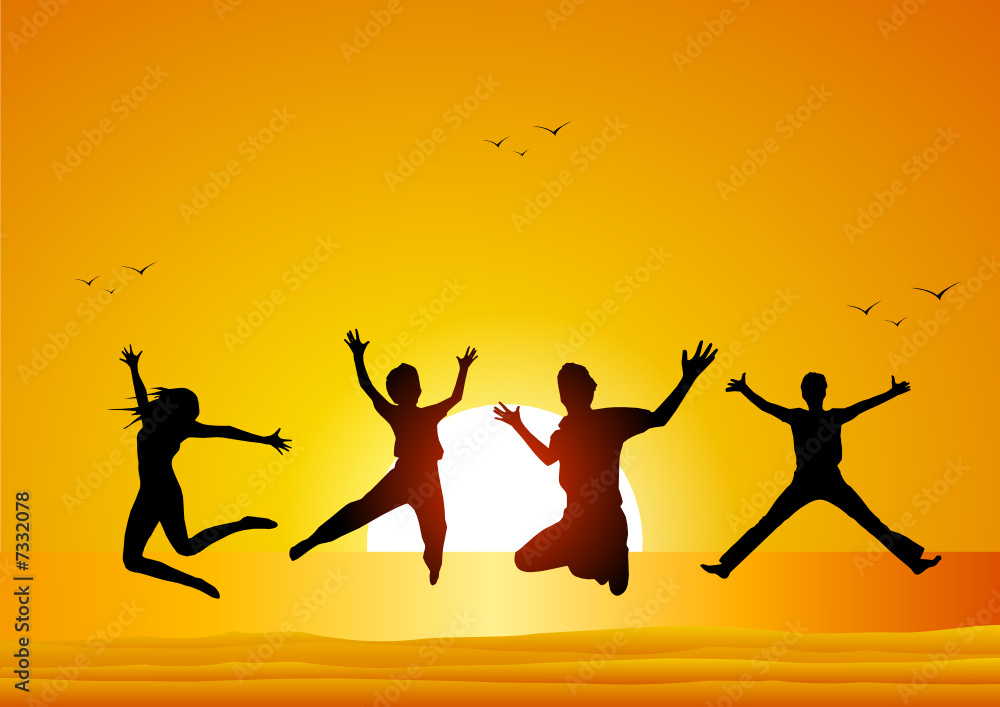 Happy friends jumping at sunset on the beach