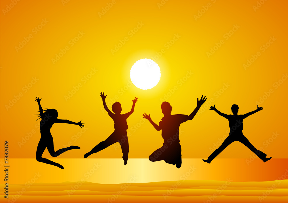 Happy friends jumping at sunset on the beach Happy friends jumping at sunset on the beach