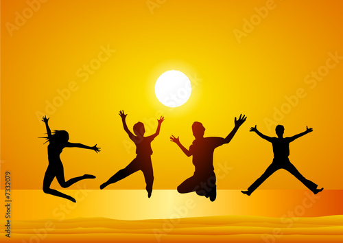Happy friends jumping at sunset on the beach