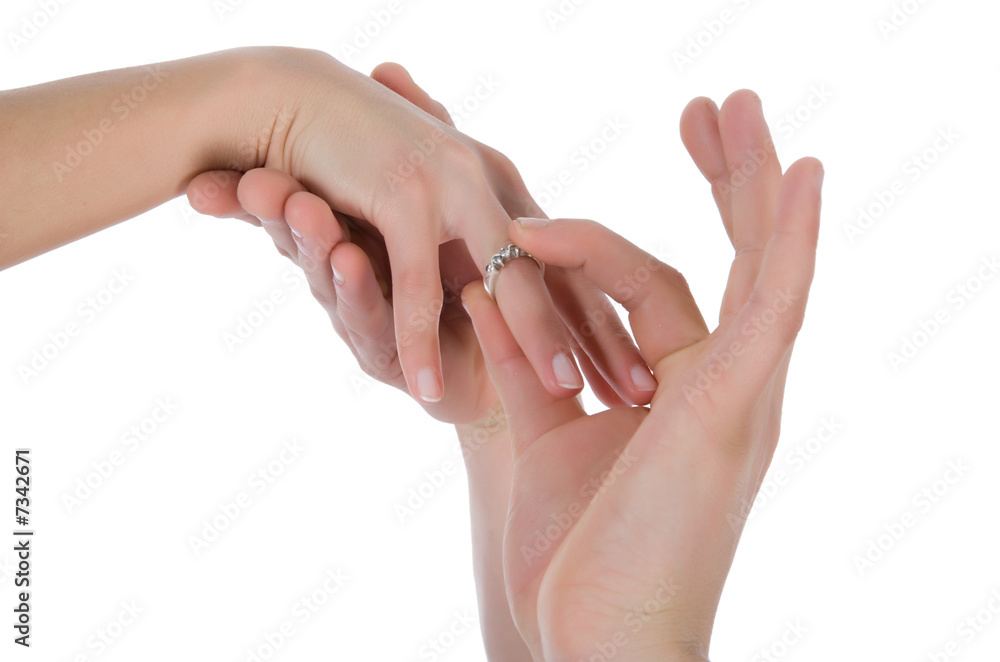 Man's and female hands with a wedding ring