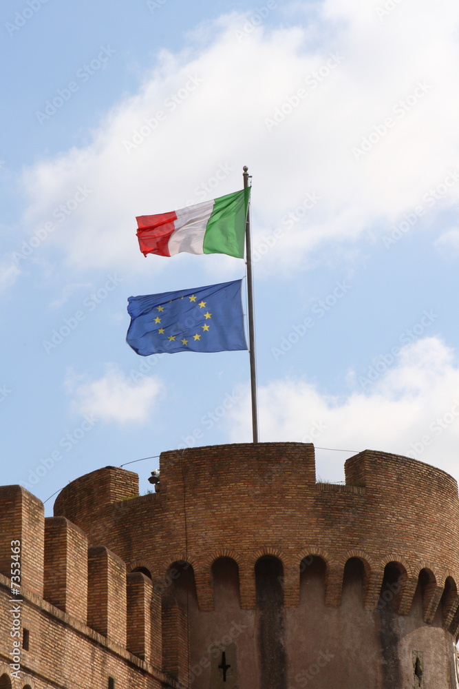 Italian flag and the flag of a united Europe