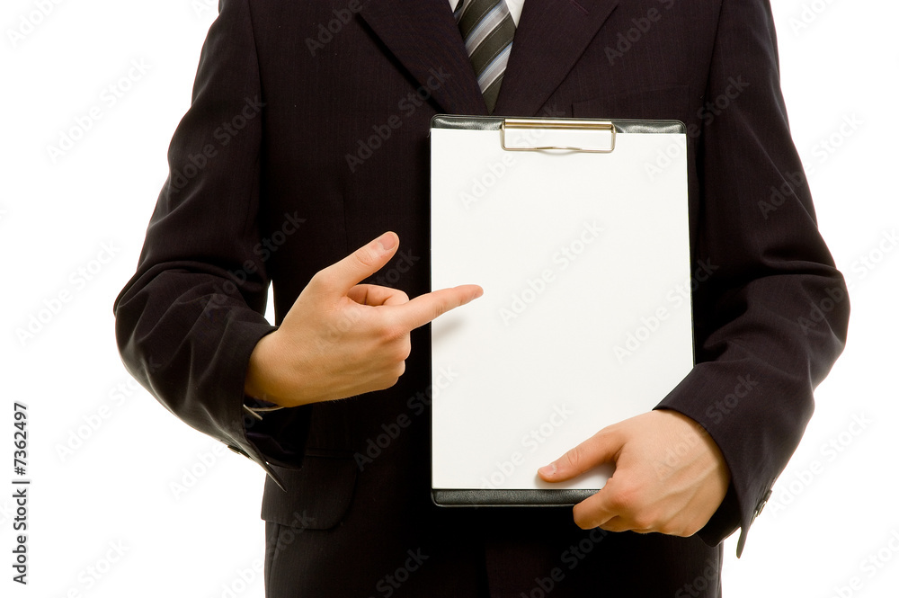 Businessman is holding a clipboard. Copyspace for your text.