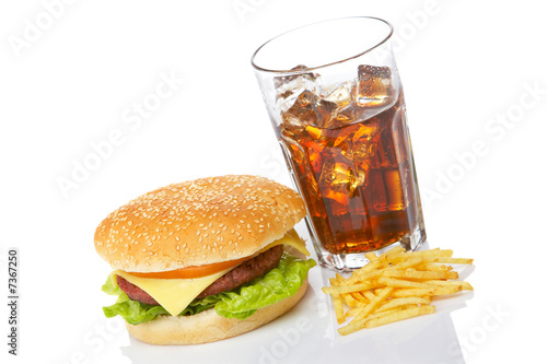 Cheeseburger  soda and french fries