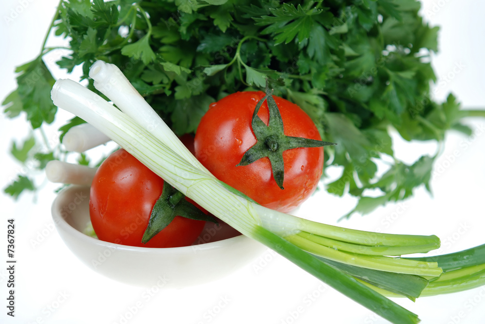 Close up to fresh onion, tomato and parsley Close up to fresh onion, tomato and parsley