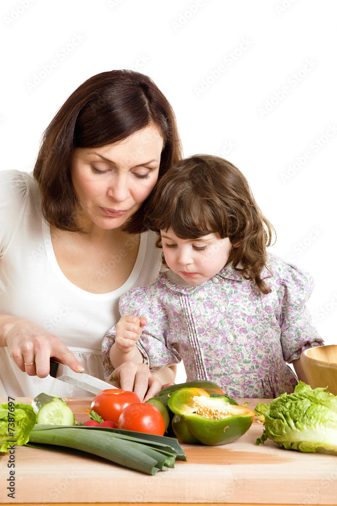 mother and daughter cooking at the kitchen