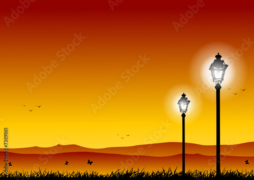 Streetlamp in a park by night