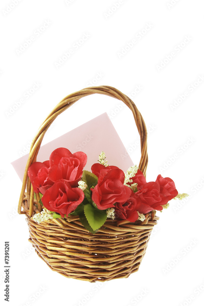 Red Roses and Greetings Card in Basket