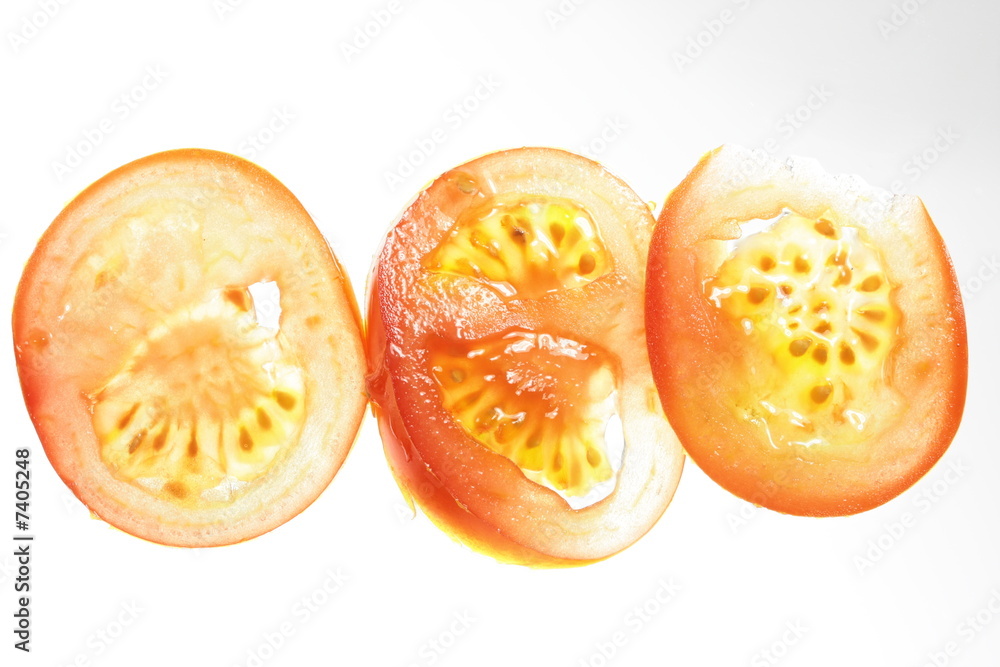 backlit tomato slice on white background backlit tomato slice on white background