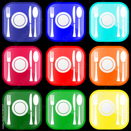 Icon of flatware on shiny buttons