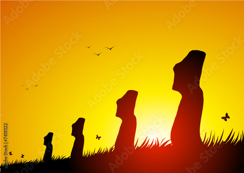 Easter island monolith at sunset