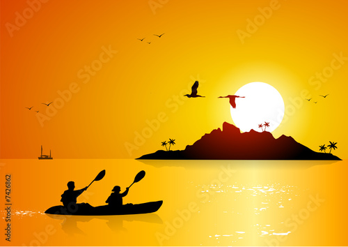 Boy and girl in a canoe in front of a tropical island