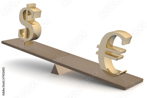 Dollar and euro on scales. ...