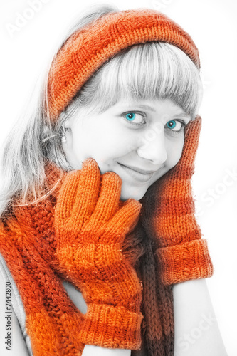beauty girl with orange mittens