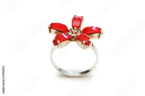 Ring with red stones isolated on the white
