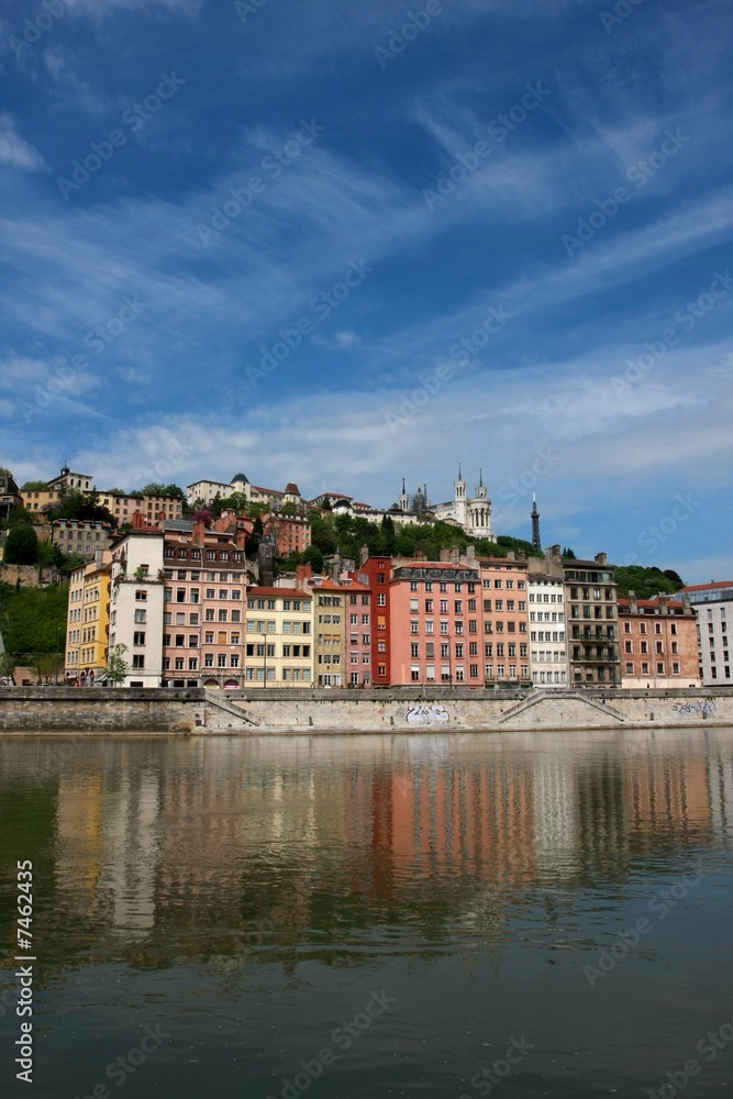 Buildings reflected by the Saone river, Lyon, France