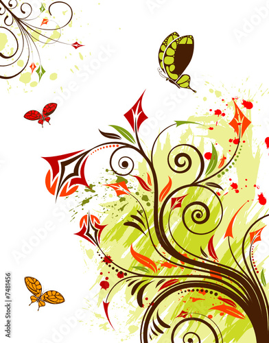 Grunge flower background with butterfly, design, vector