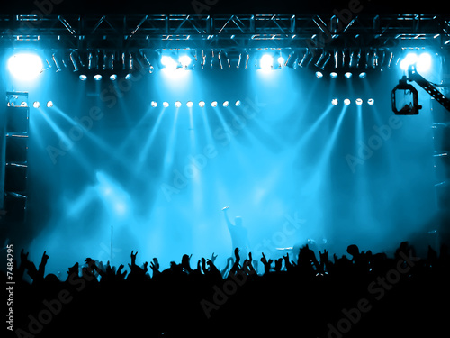 Cheering crowd at concert, musicians on the stage photo