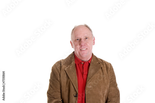 Middle Age Guy in Red Shirt and Brown Suede Jacket