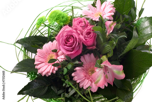 Beautiful flower bouquet with roses  gerbera and green leaves