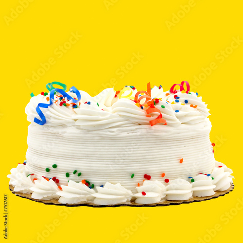 Delicious White Vanilla Birthday Cake Isolated On Yellow Backgro