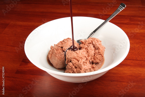 Bowl of chocolate ice cream with chocolate sauce